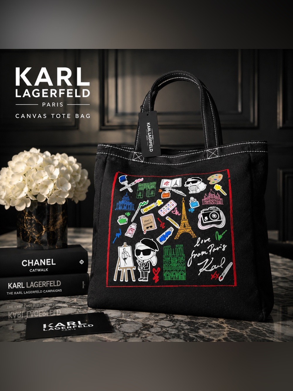 Karl Lagerfeld Paris NWT $98 Retail Canvas Tote Bag – Black Graphic Tote